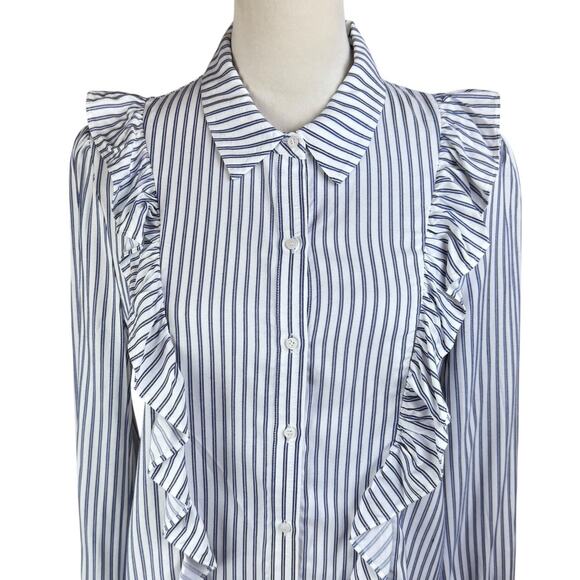 A Loves A NWT White Blue Long Sleeve Striped Ruffle Button Down Collared Top - Picture 4 of 9